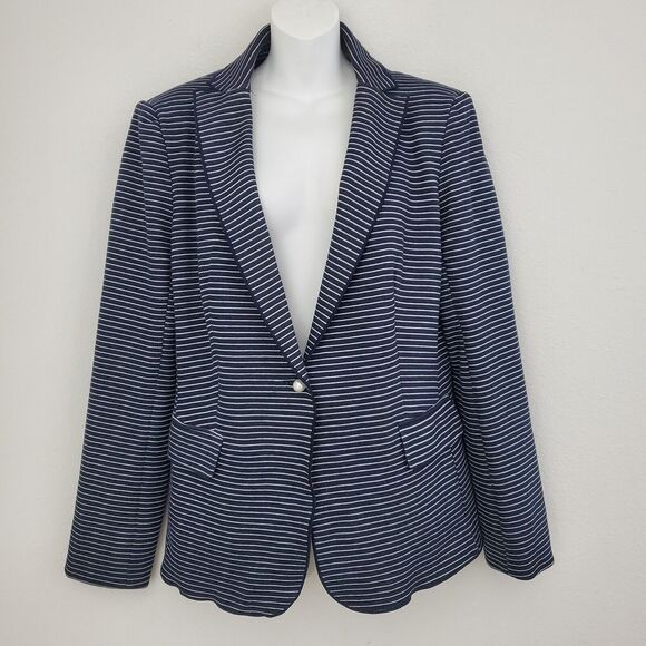 Tahari Women's Blazer 10 Blue Striped Pique Knit Pearls Nautical Business Office - Picture 1 of 12